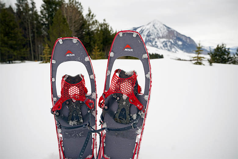 The MSR Lightening Ascent Snowshoes set up in the snow