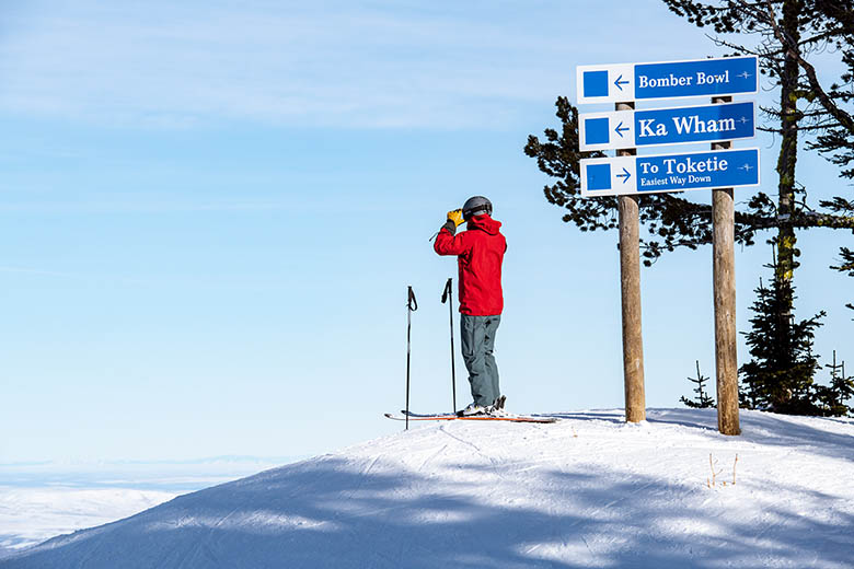 A skier waits at a viewpoint by a sign of some blue ski runs