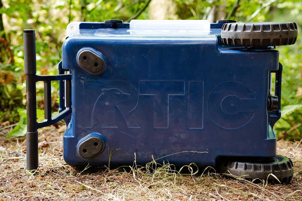 An RTIC cooler lies on its side, showcasing its unique build.