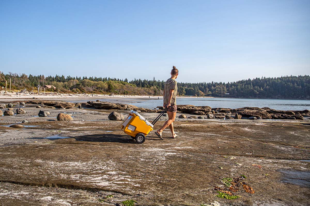 A camper tows the Rovr Rollr cooler to the seaside.