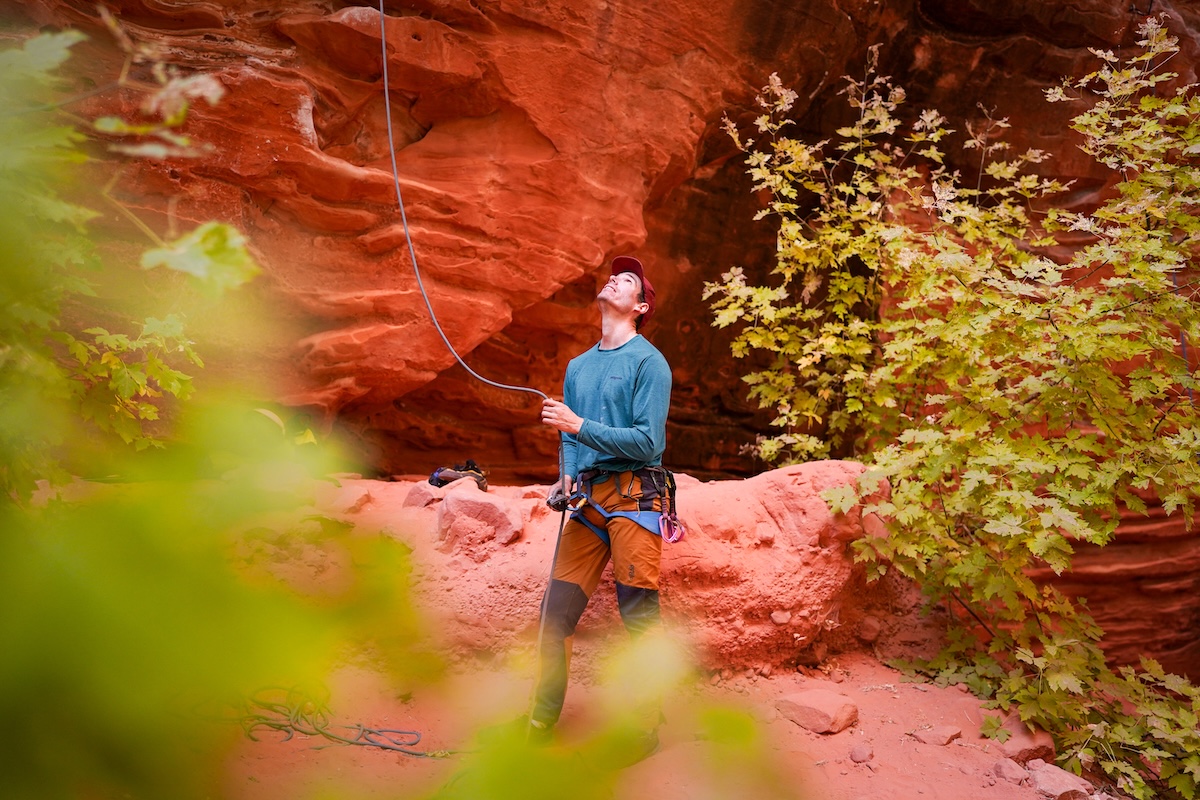 Belaying a climber in Zion with a Grigri