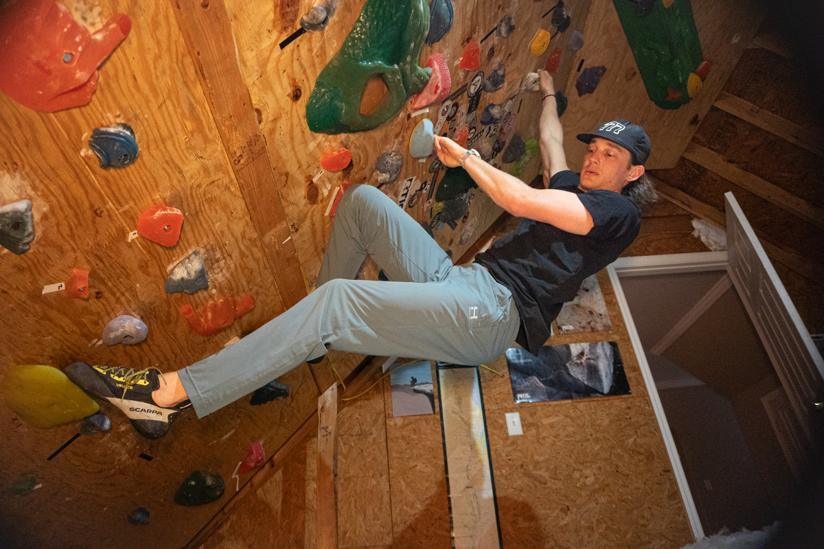 Climbing in a home gym with the Scarpa Veloce