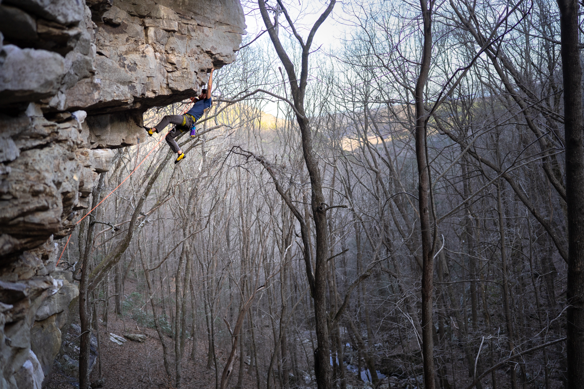 Climbing steep sport climbs at the Bachelor Crag in Chattanooga TN