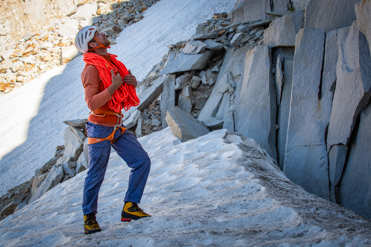 A climber assesses a route. 