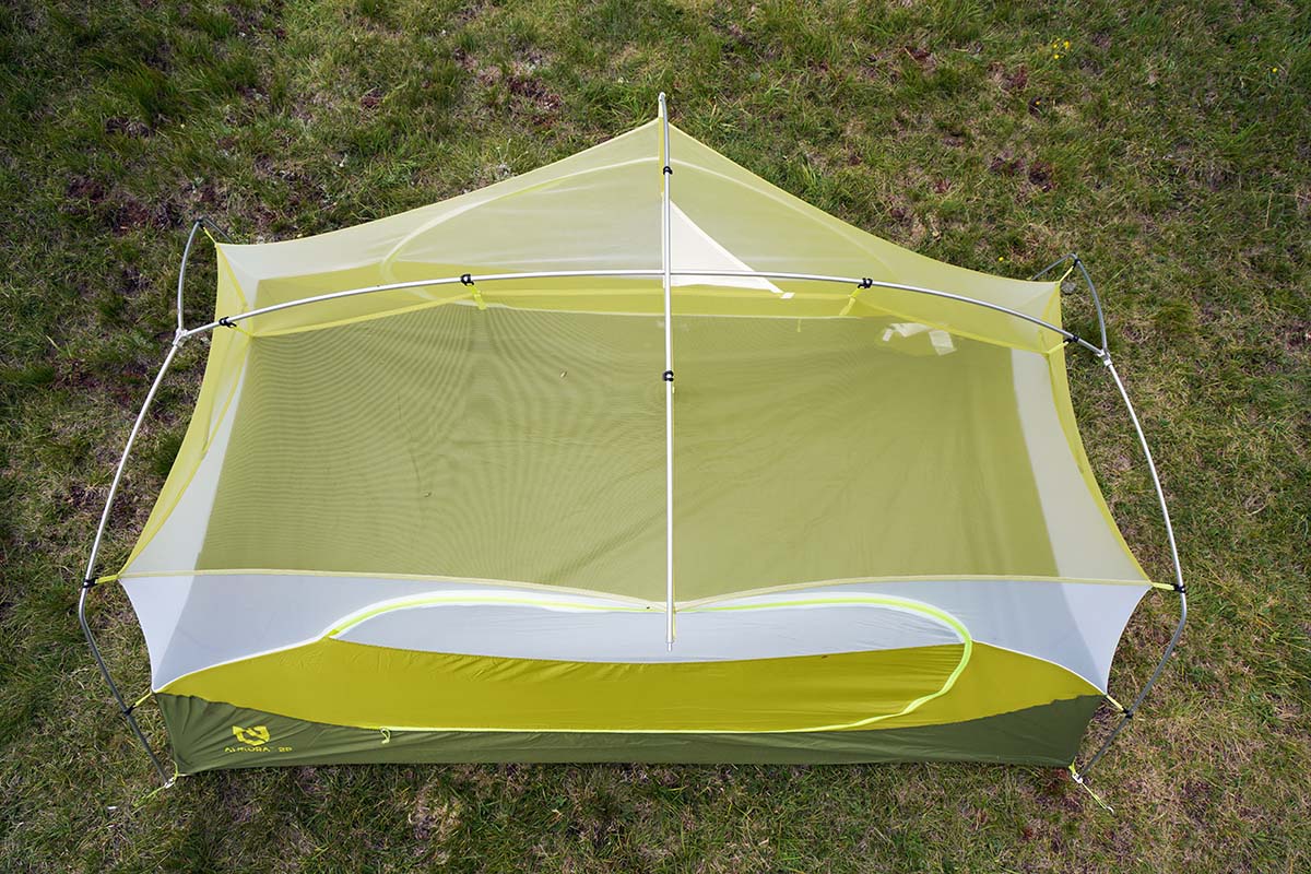 The top view of a yellow budget backpacking tent