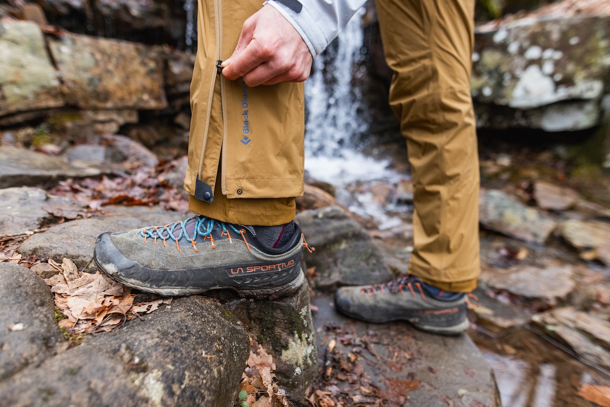 Closeup of side zippers on rain pants