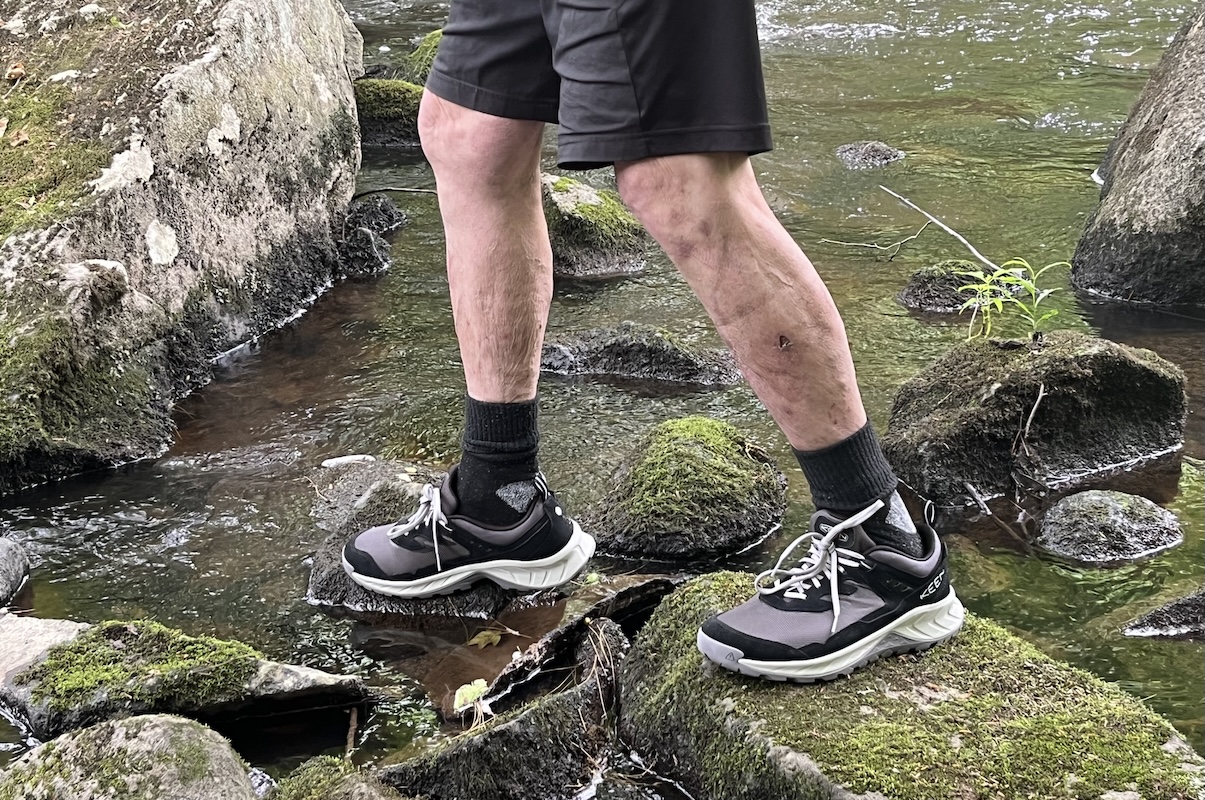 Keen waterproof shoes with a nubuck upper crossing creek