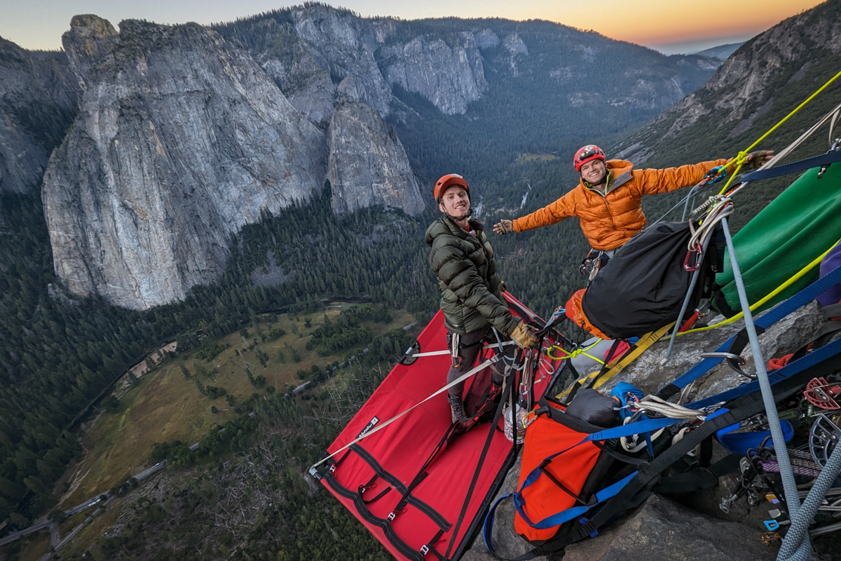 Testing climbing pants while climbing El Cap in Yosemite 