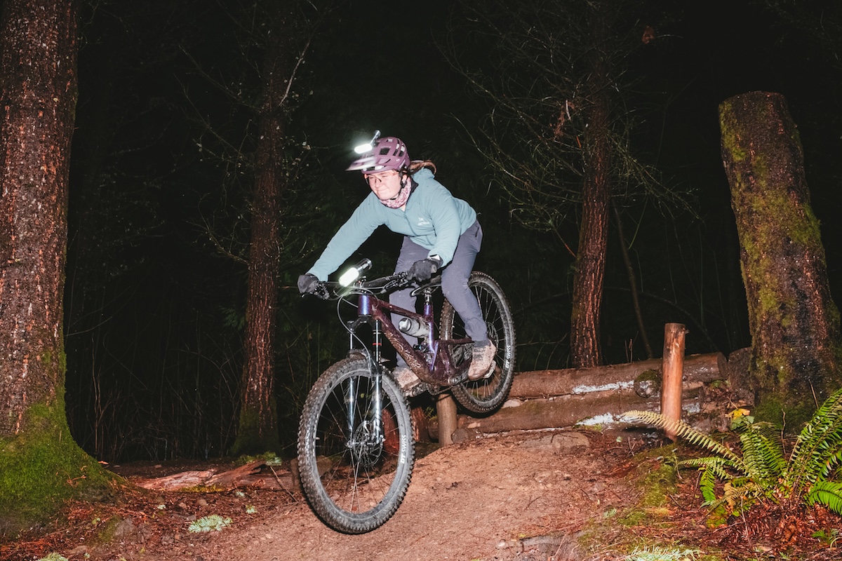 Testing bike lights on an evening trail ride