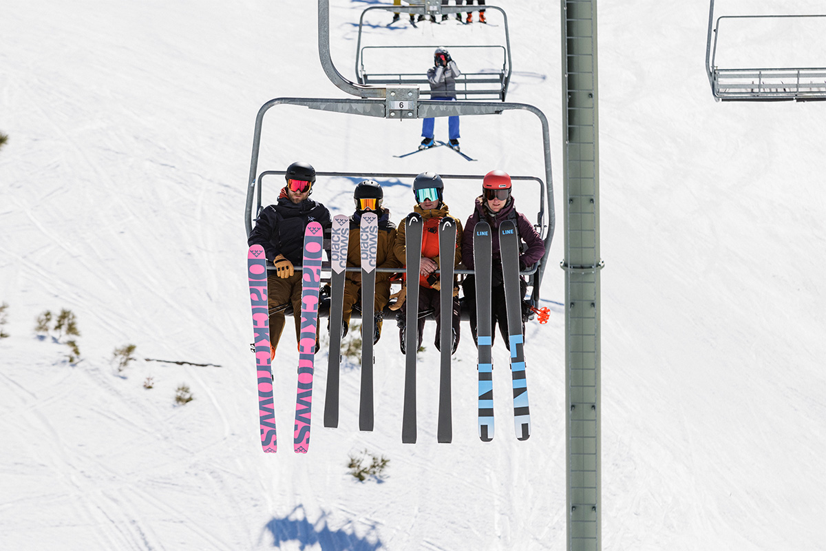 All-mountain skis (group shot of bases on chairlift)