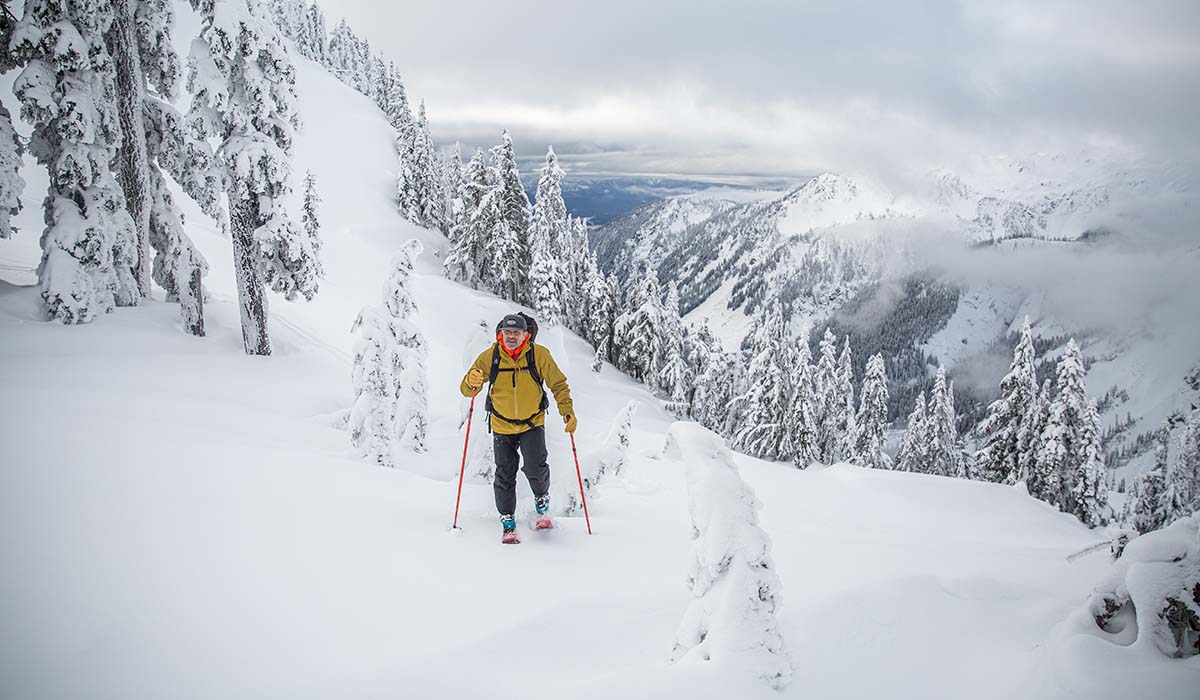 Someone skinning up a trail with a pretty background