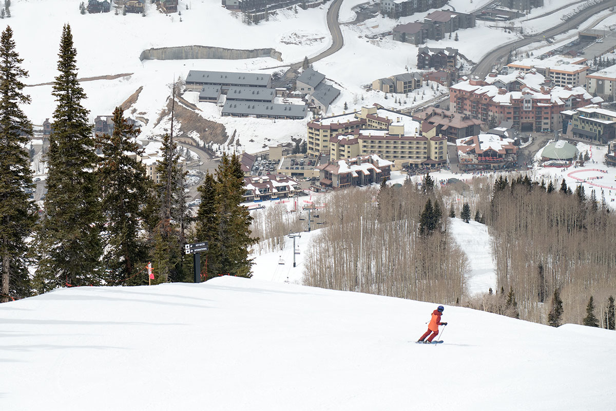 A member of the Switchback team skiing at Crested Butte in Colorado