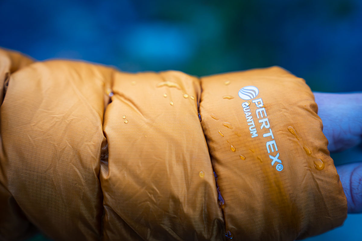 Water beading up on the sleeve of a down jacket