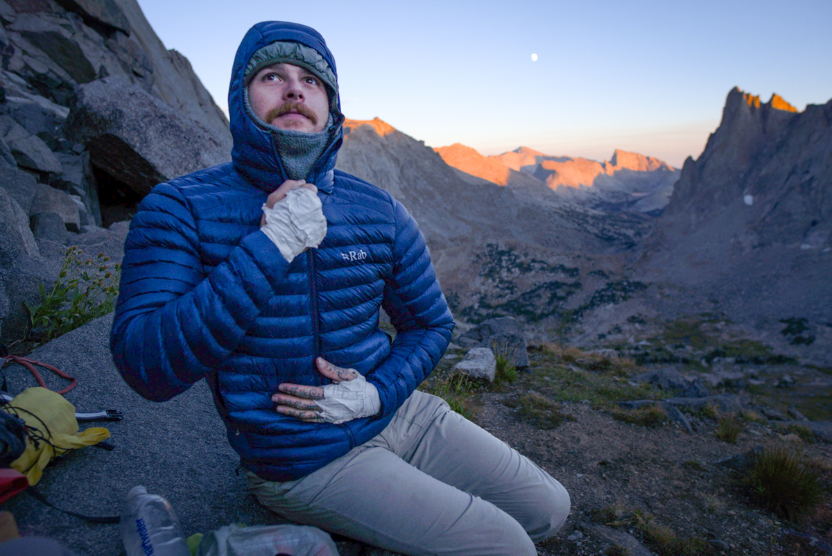 Rock climbing in a Rab Down Jacket