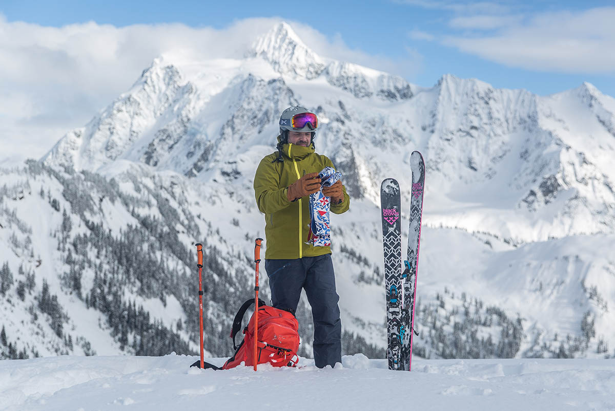 Powder skis (standing next to skis)