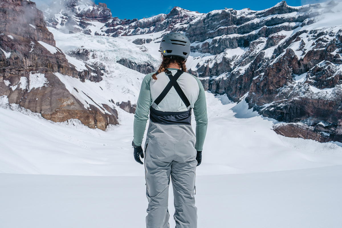 Ski bibs (back of bibs on glacier)