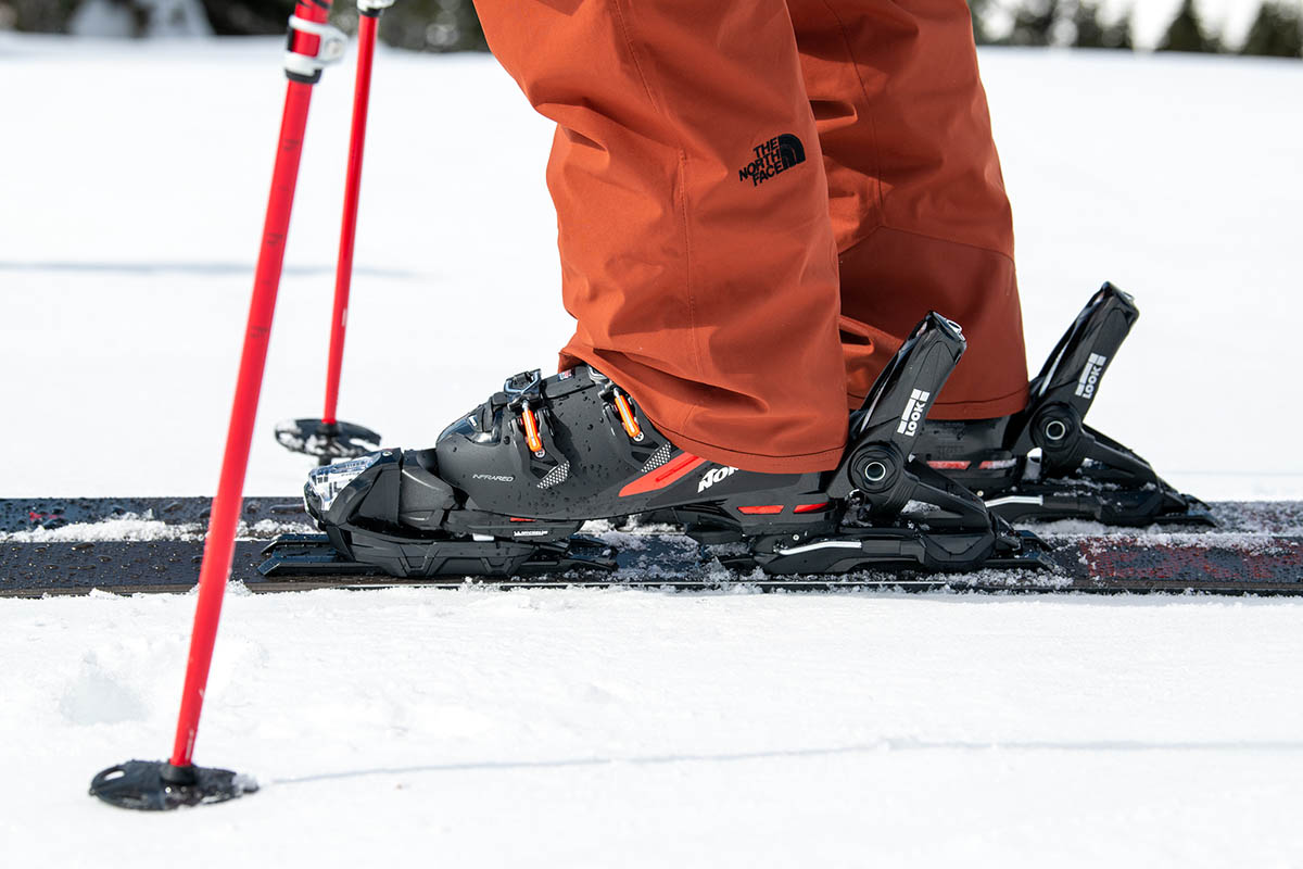 A close up profile of Look bindings on Rossignol skis