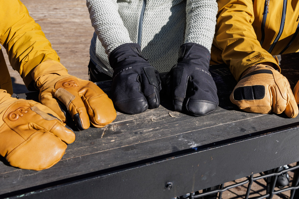 Three pairs of ski gloves next to each other