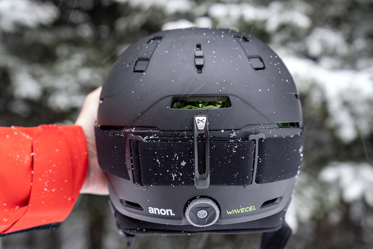 A close up of the back of a ski helmet