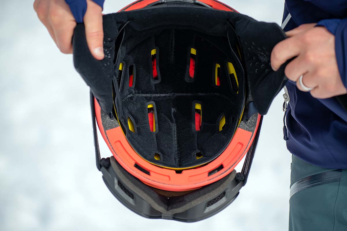 A close up of the liner inside a ski helmet