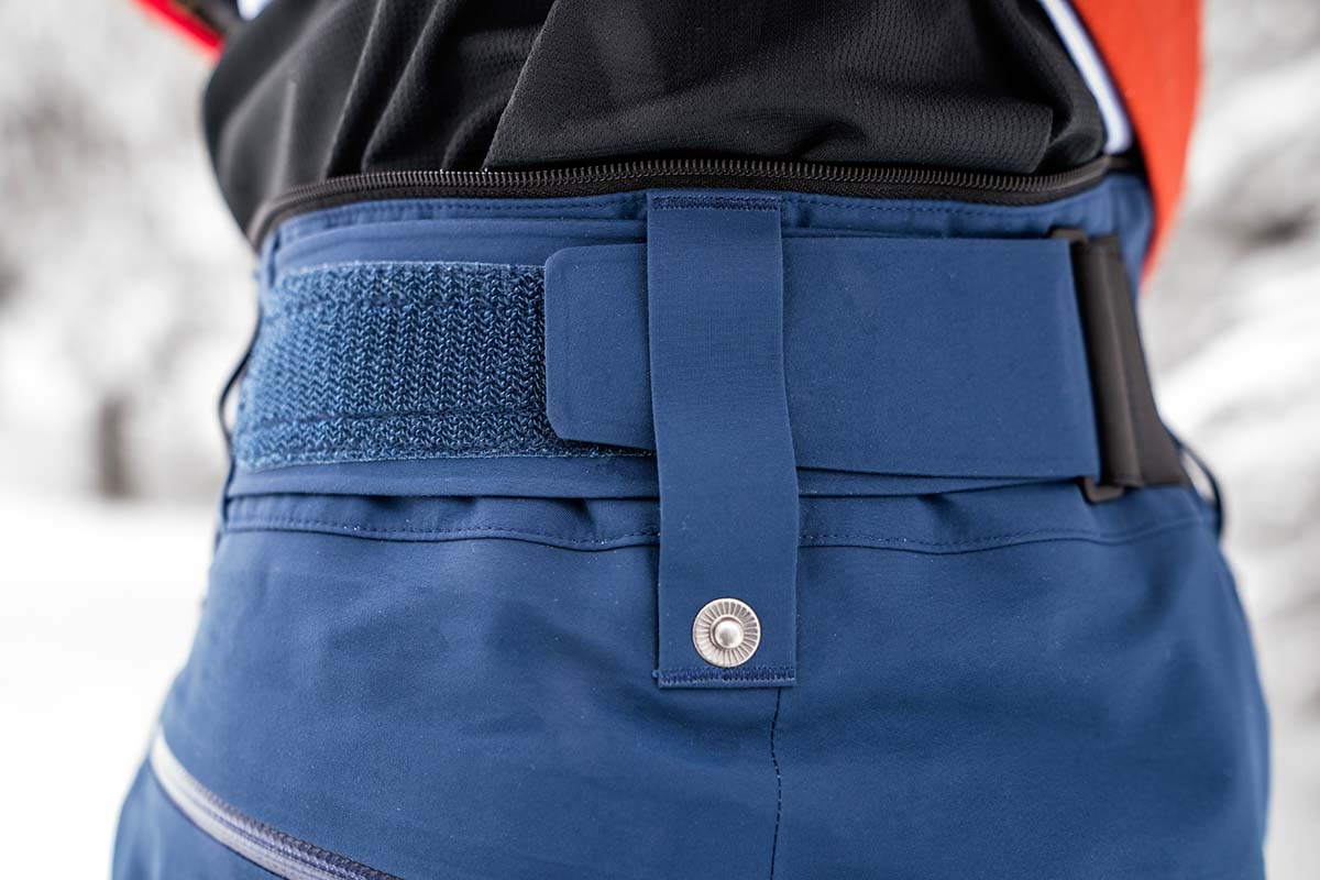 Velcro waist adjustment on the Norrona Lofoten ski pant