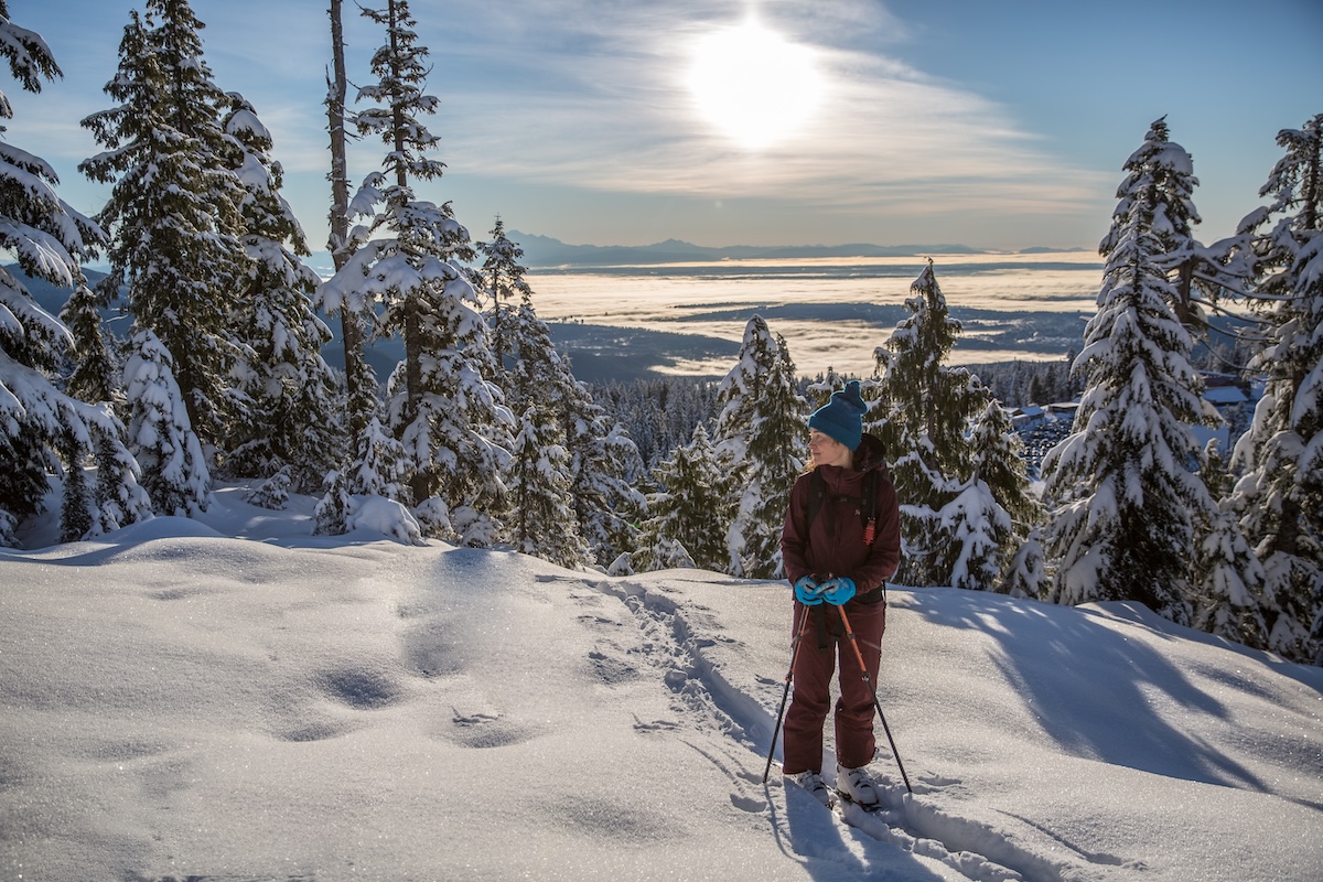 A woman out in the snow on skis pauses to look at the view