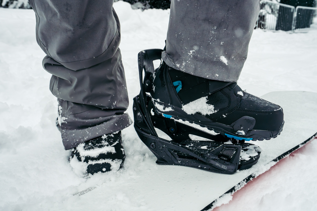 A person stepping into Burton Step On bindings