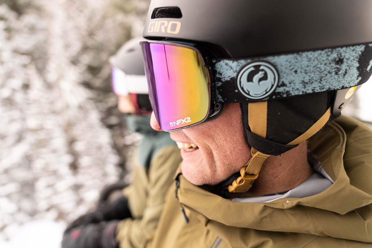 Close up of helmet and goggles on a chairlift