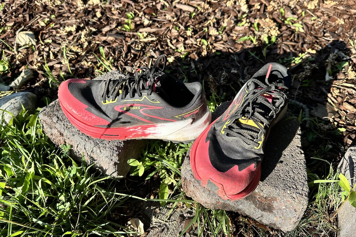 Brooks catamount trail running shoes shown in a weed infested front yard