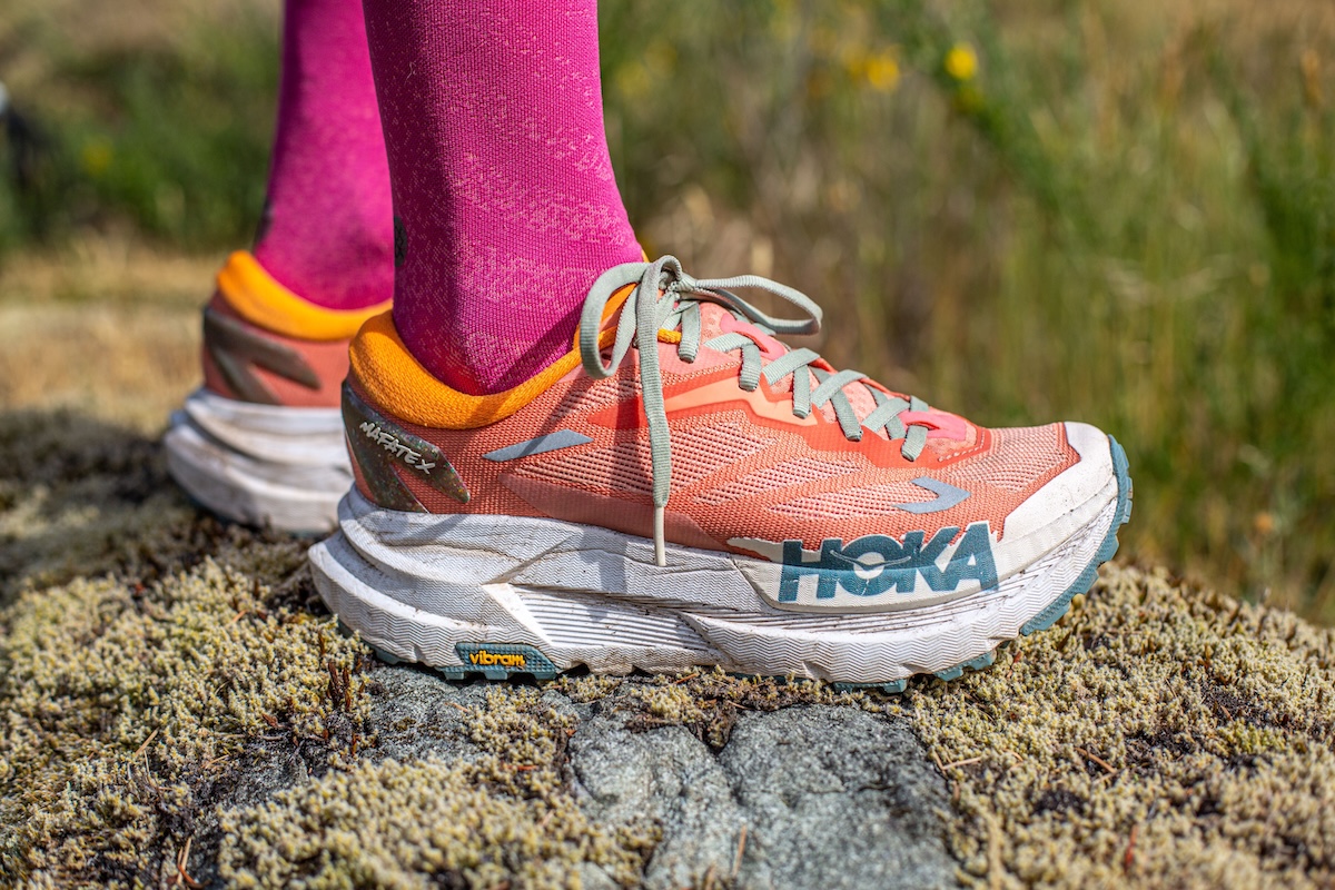 the side view of hoka's very tall mafate x shoes 