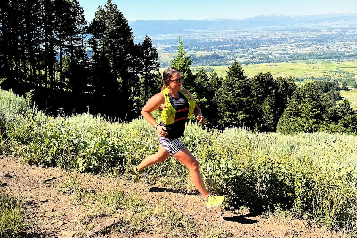 trail running along a ridgeline testing shoes