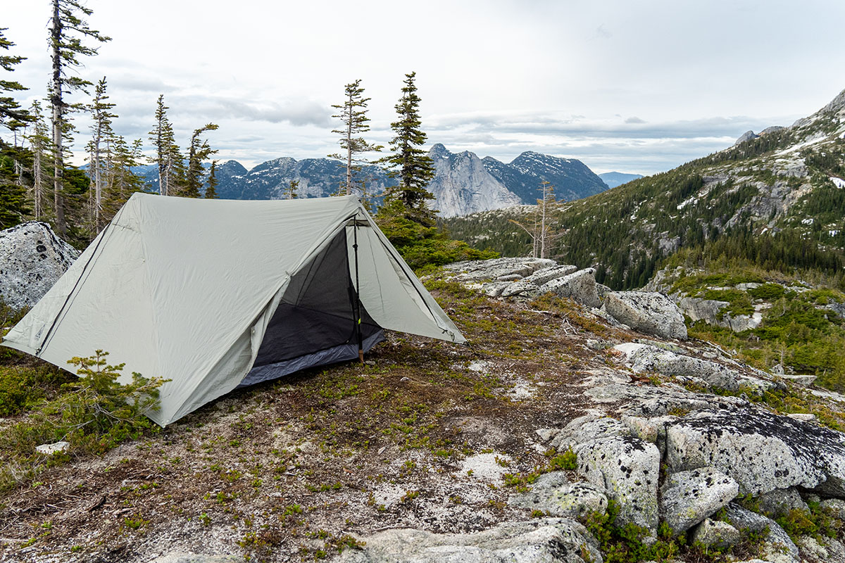 Ultralight tent (Durston X-Mid 2 set up in mountains)