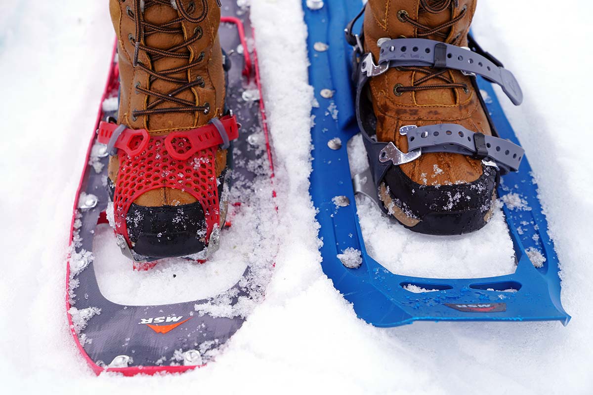 A close up of two snowshoes side by side