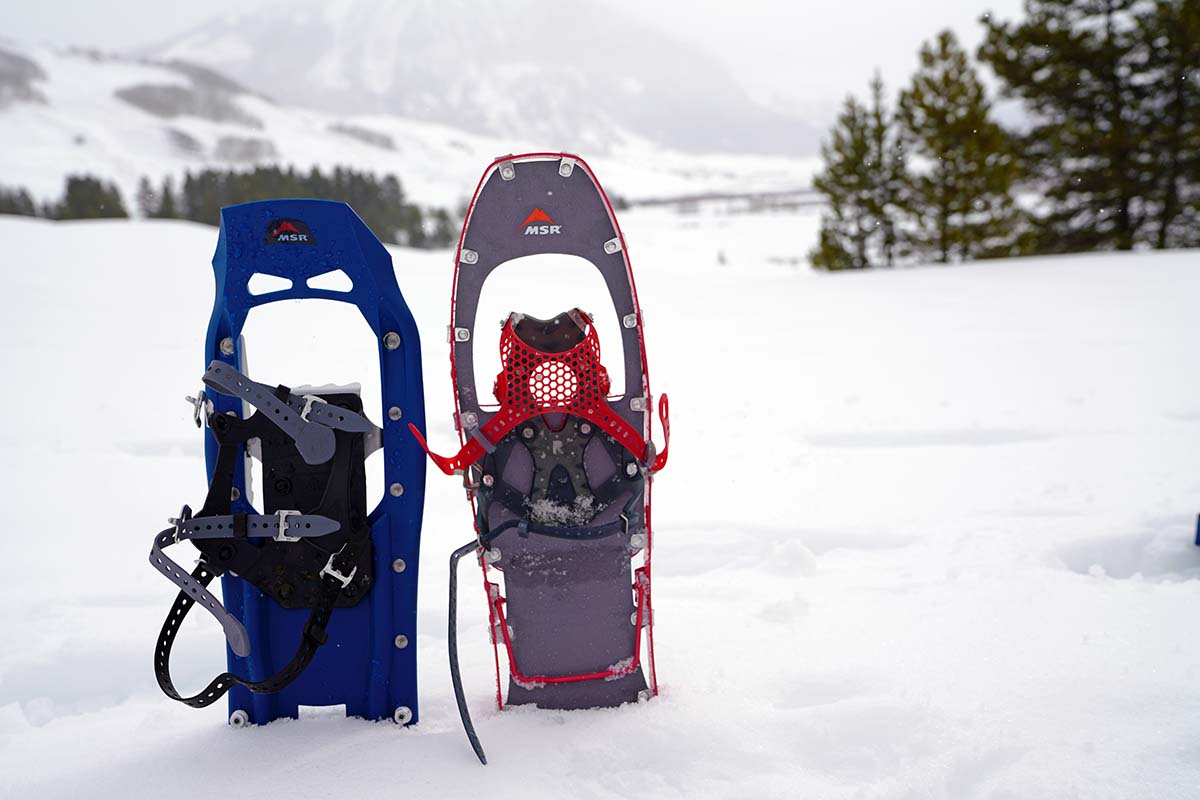 Two snowshoes sticking out of the snow in the forest