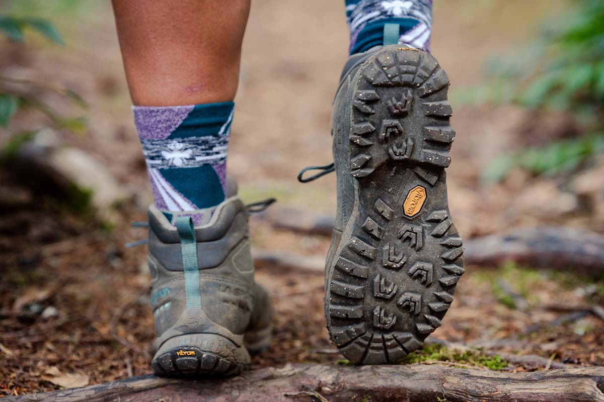 A close up of a nubby, grippy hiking shoe bottom.