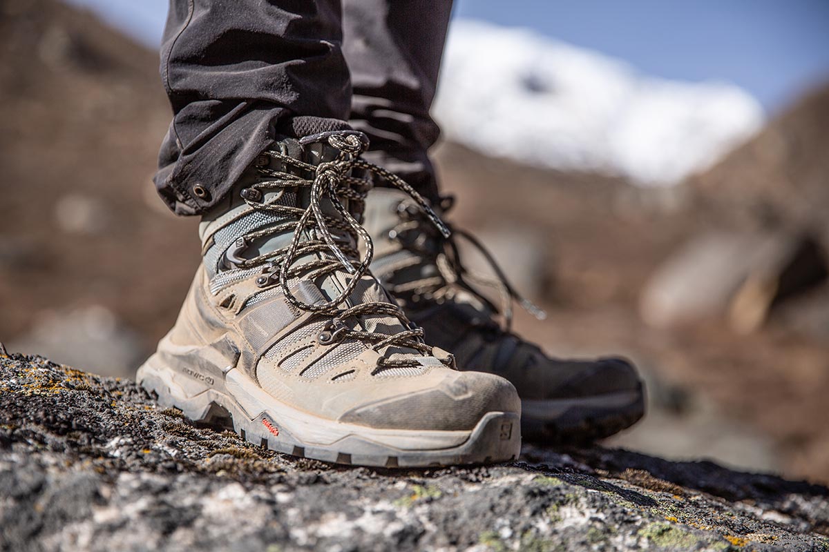 Close up of a hiking boot toe box. 