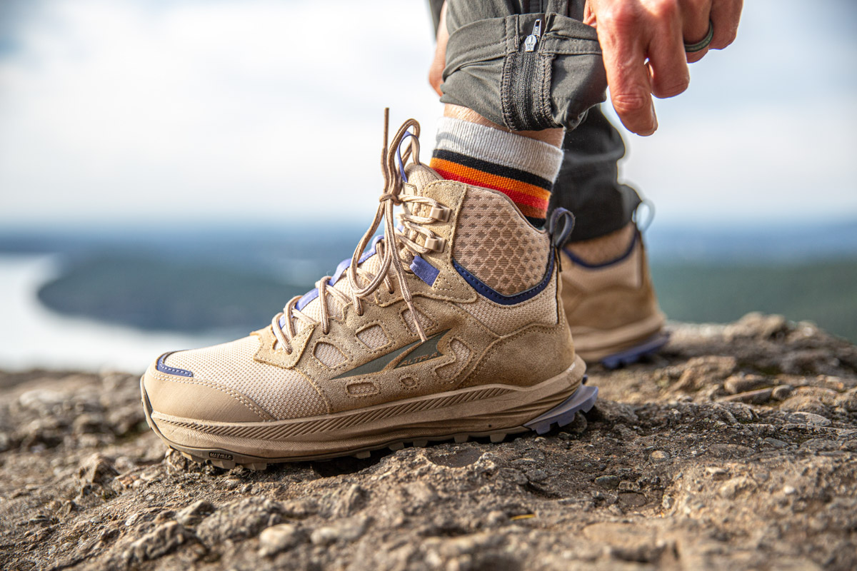 A close up of a brown hiking boot