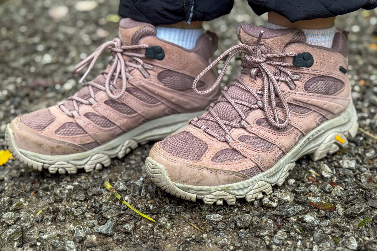 A close up of a pair of pink hiking boots
