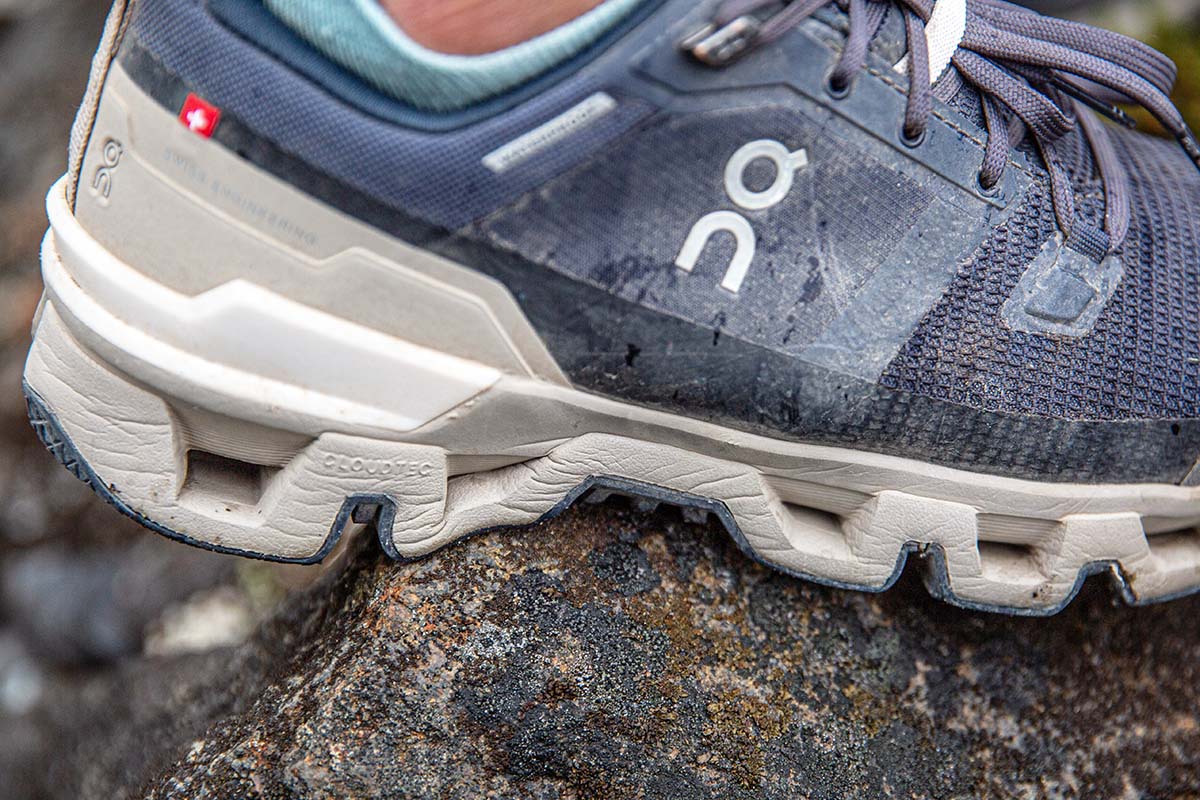 The midsole of an On hiking shoe is shown in a closeup