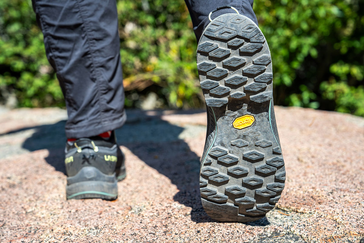 A close up of a durable vibram outsold on a hiking shoe.
