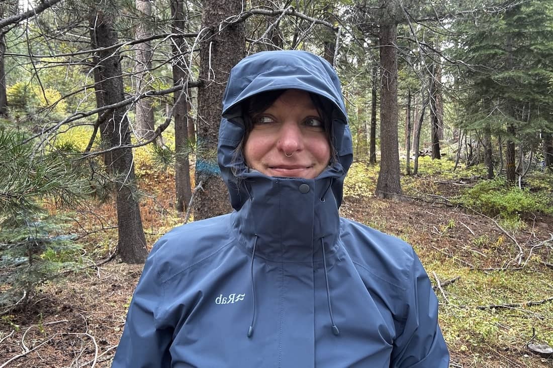 Rab Downpour with hood up and cinched