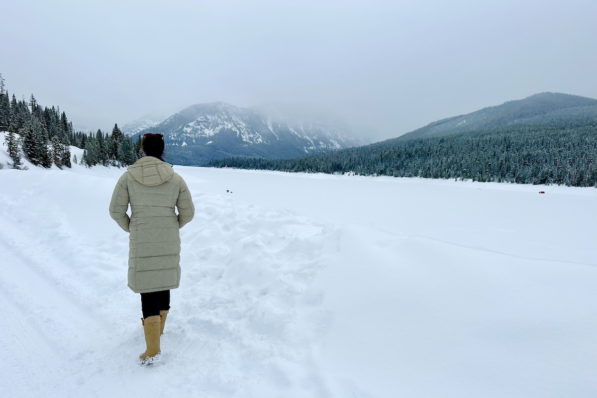 Wearing the Kuhl Crossfire while going for a walk in the snow in Montana