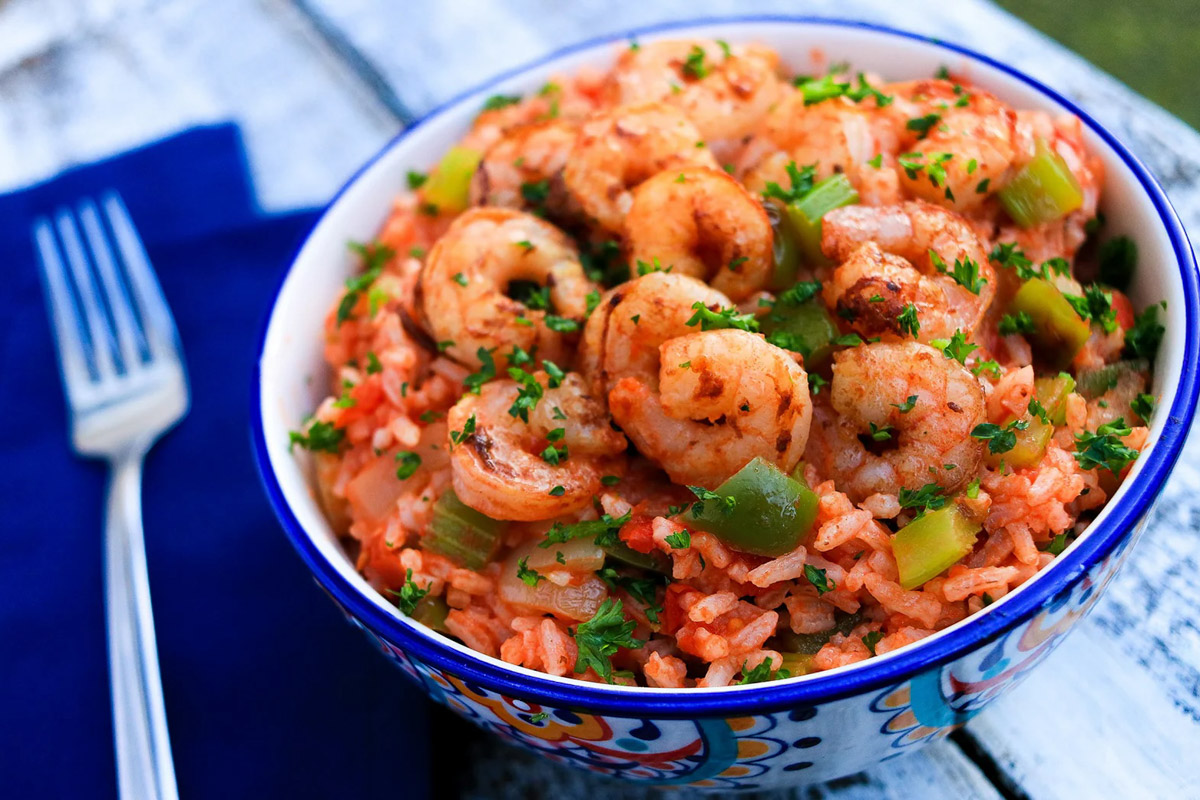 A shrimp rice dish in a bowl