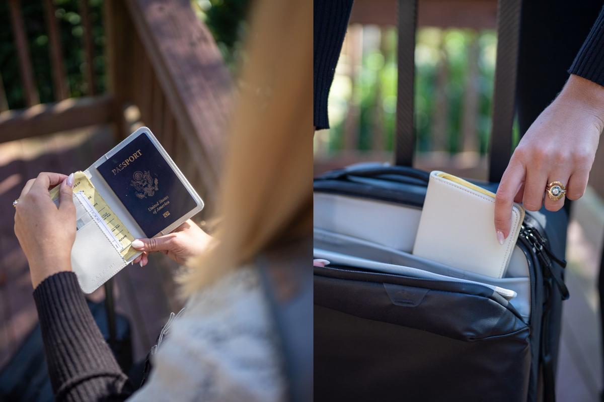 A woman puts a passport holder into her luggage.