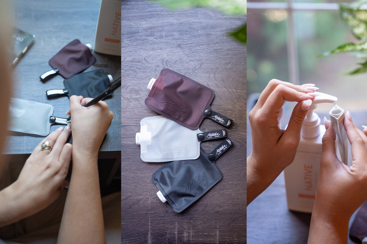 A woman fills packable travel packs with lotion and other liquids.