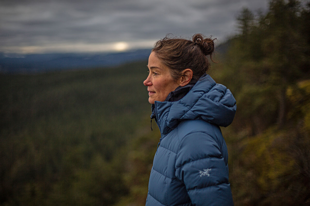 A tester wears the Thorium jacket on a cloudy day in the Pacific Northwest.