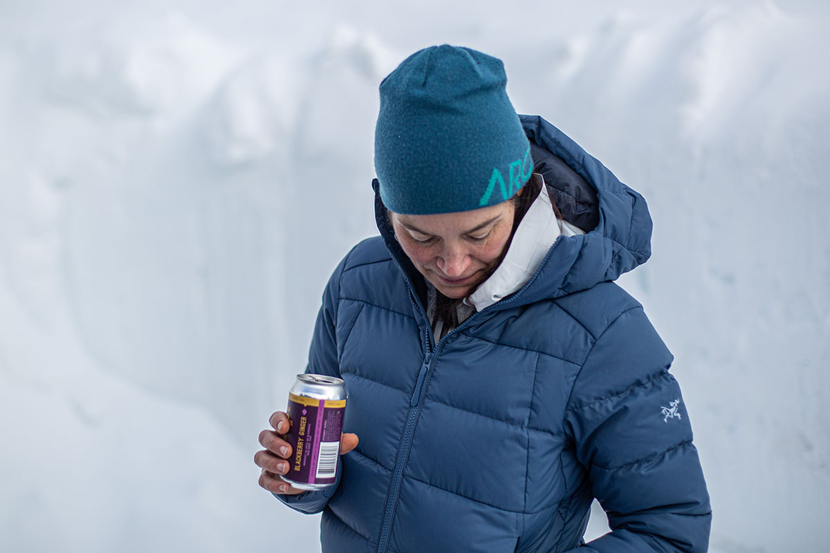 A tester braves large drifts of snow and winter weather wearing the Thorium jacket.