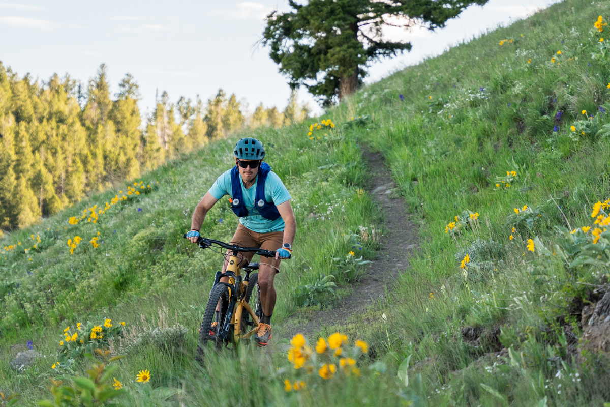 A man riding a mountain bike down a narrow track on a grassy hillside