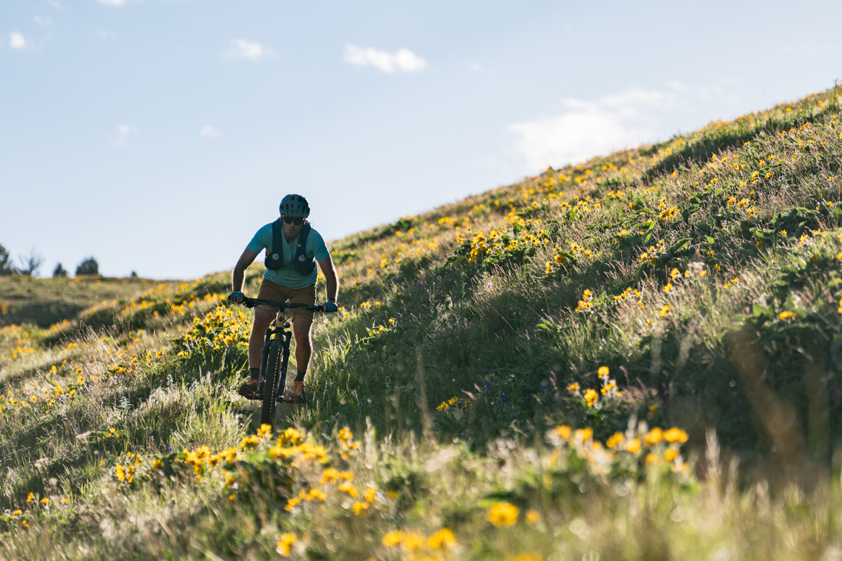 A man riding a mountain bike down a trail through a blooming flower hillside
