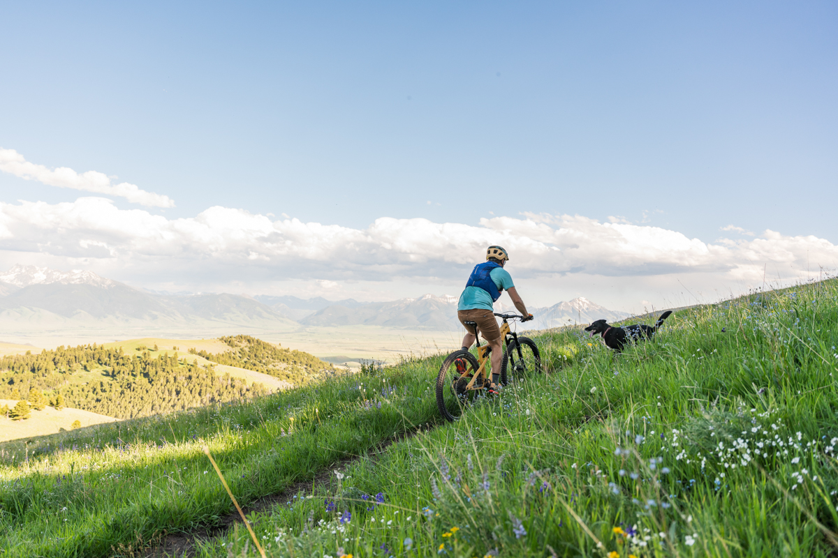 A man riding a mountain bike up a small grassy hill
